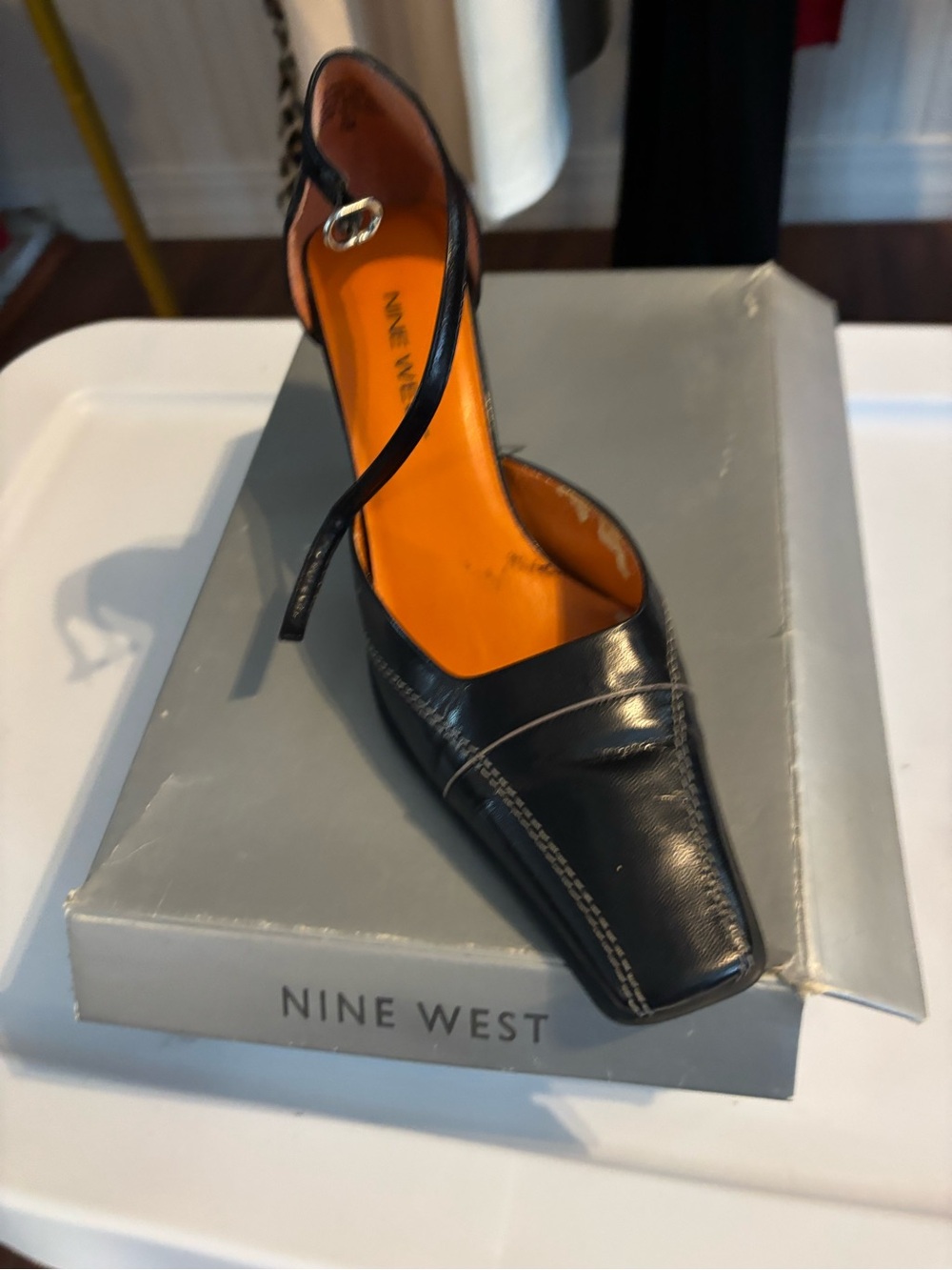 Nine West Black Leather Pointed Sling Pump with Orange Insole